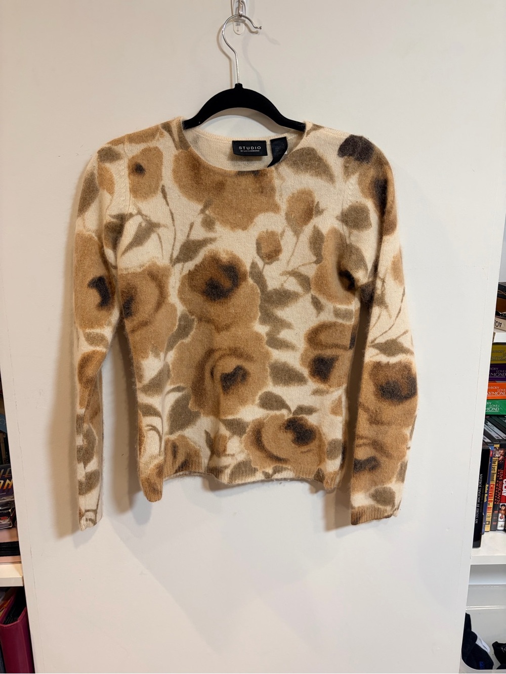 Liz Claiborne Studio cashmere Floral Crewneck Sweater - Cream & Brown